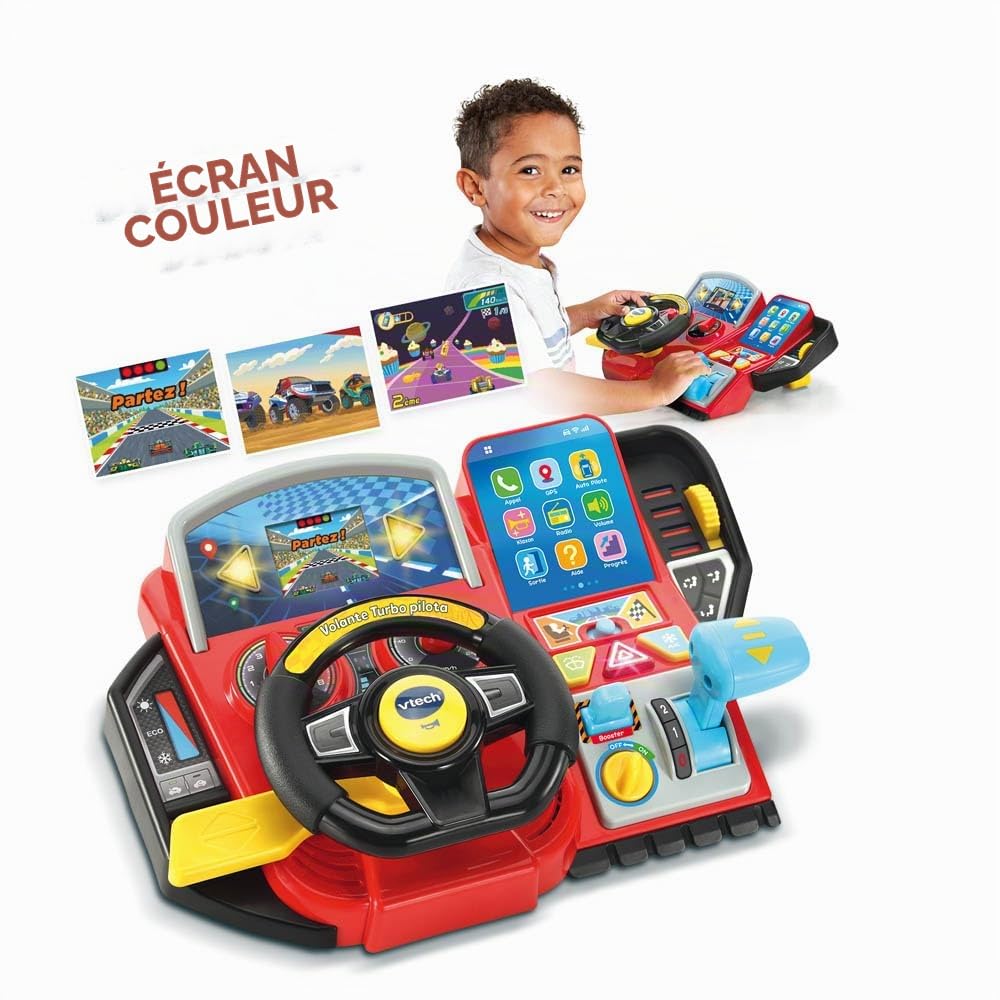 VTech Volant Turbo Pilote, volant enfant avec tableau de bord interactif, plus de 20 jeux éducatifs et 9 circuits, écran LCD, klaxon et indicateur de direction, langue italienne, batteries incluses, 3