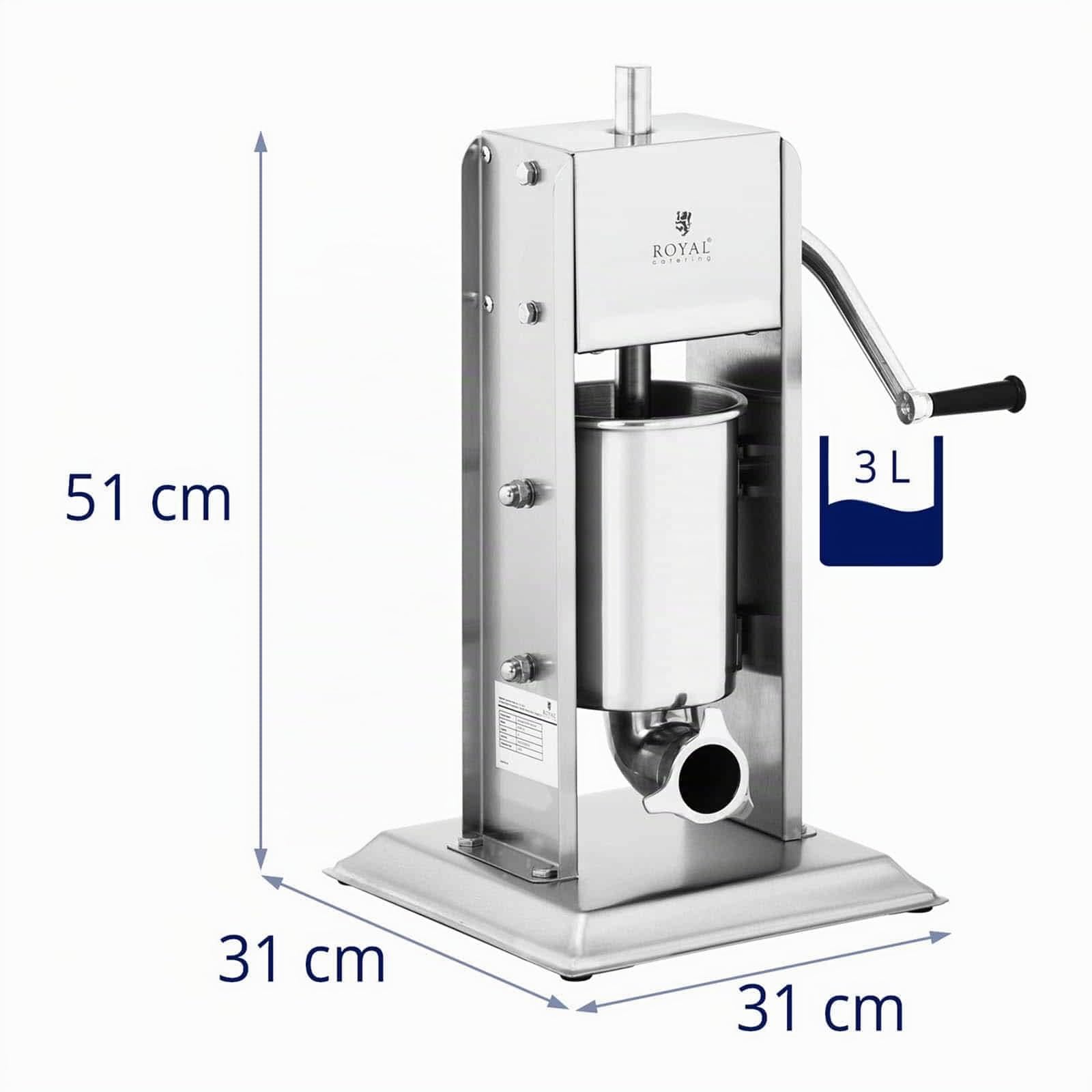 Royal Catering Embutidora Manual Vertical Máquina De Embutira RCWV-3L (Capacidad de llenado: 3 L, Cilindro: Ø 14 cm, Incluye 4 tubos de llenado, 2 velocidades)