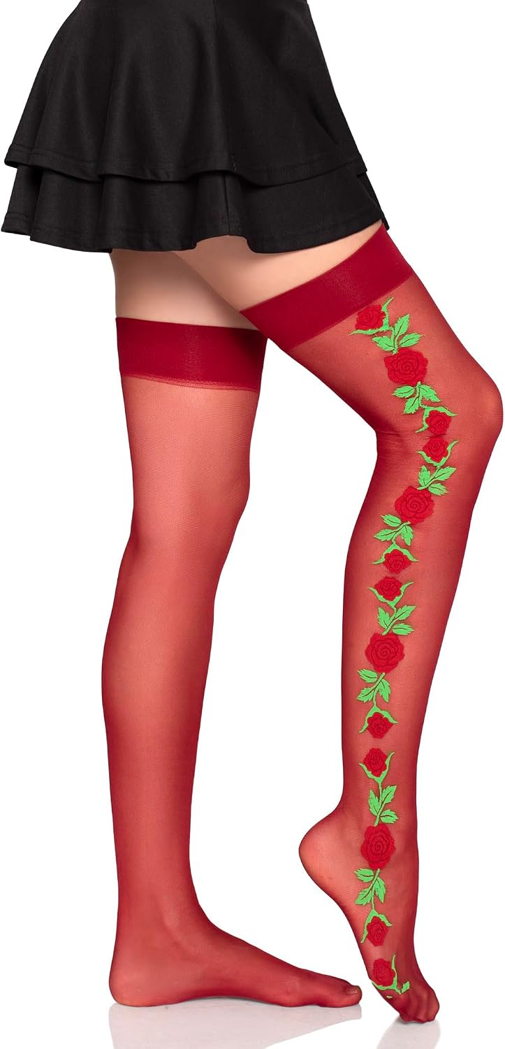 Leg Avenue Women’s Roselle Embroidered Floral Tights Burgundy Thigh High Stockings for Women, Burgundy, One Size