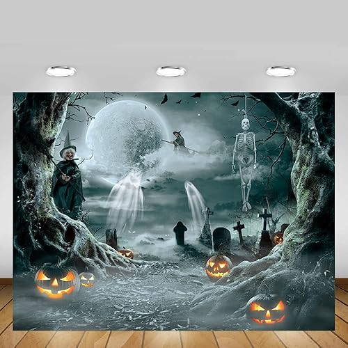 Miniatura 5 de MEHOFOND Telón de fondo de calabaza de Halloween de 10 x 7 pies para fotografía, bosque de terror, luna llena, noche de cementerio, fondo de