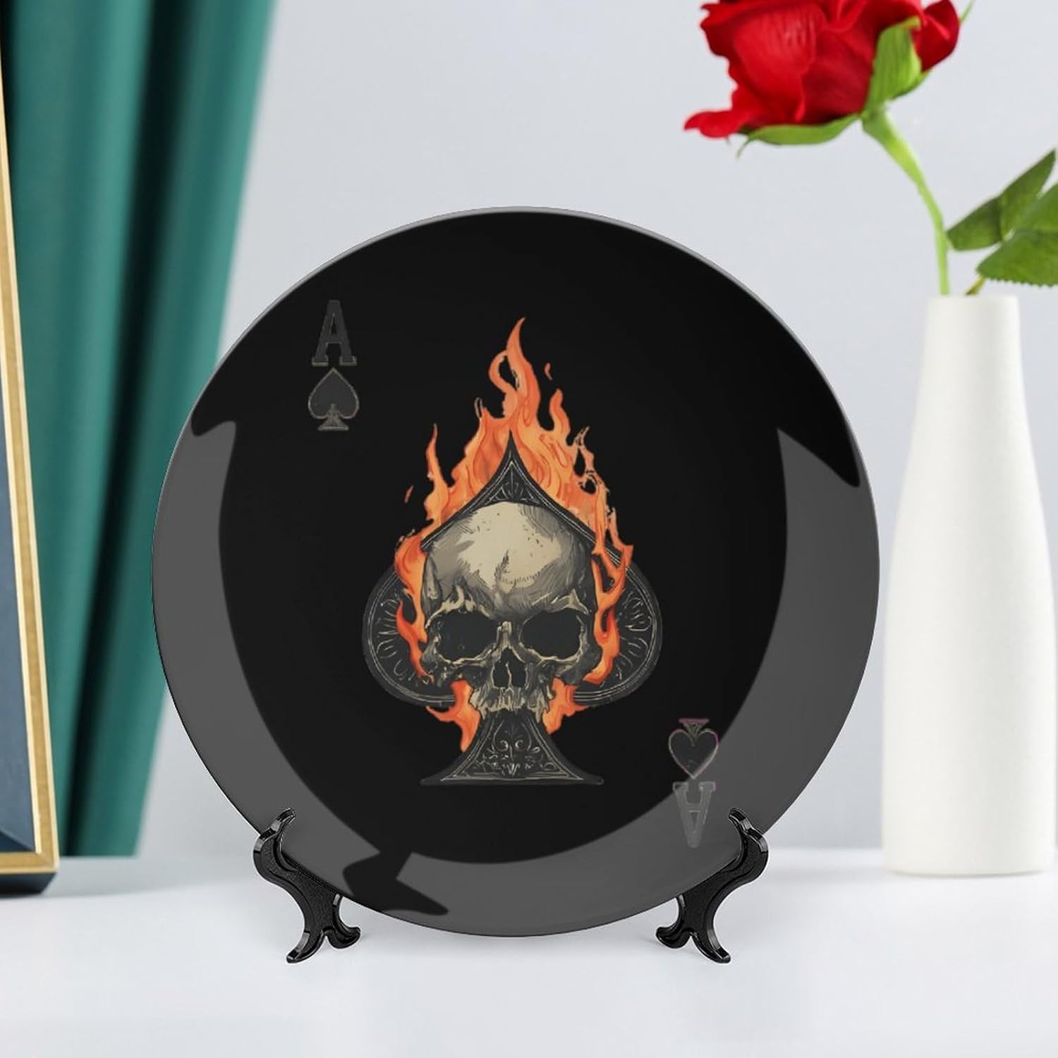 Flaming AceSpades Skull Novelty Decorative Plate with Display Stand Ceramic Ornament Hanging Wall Decor
