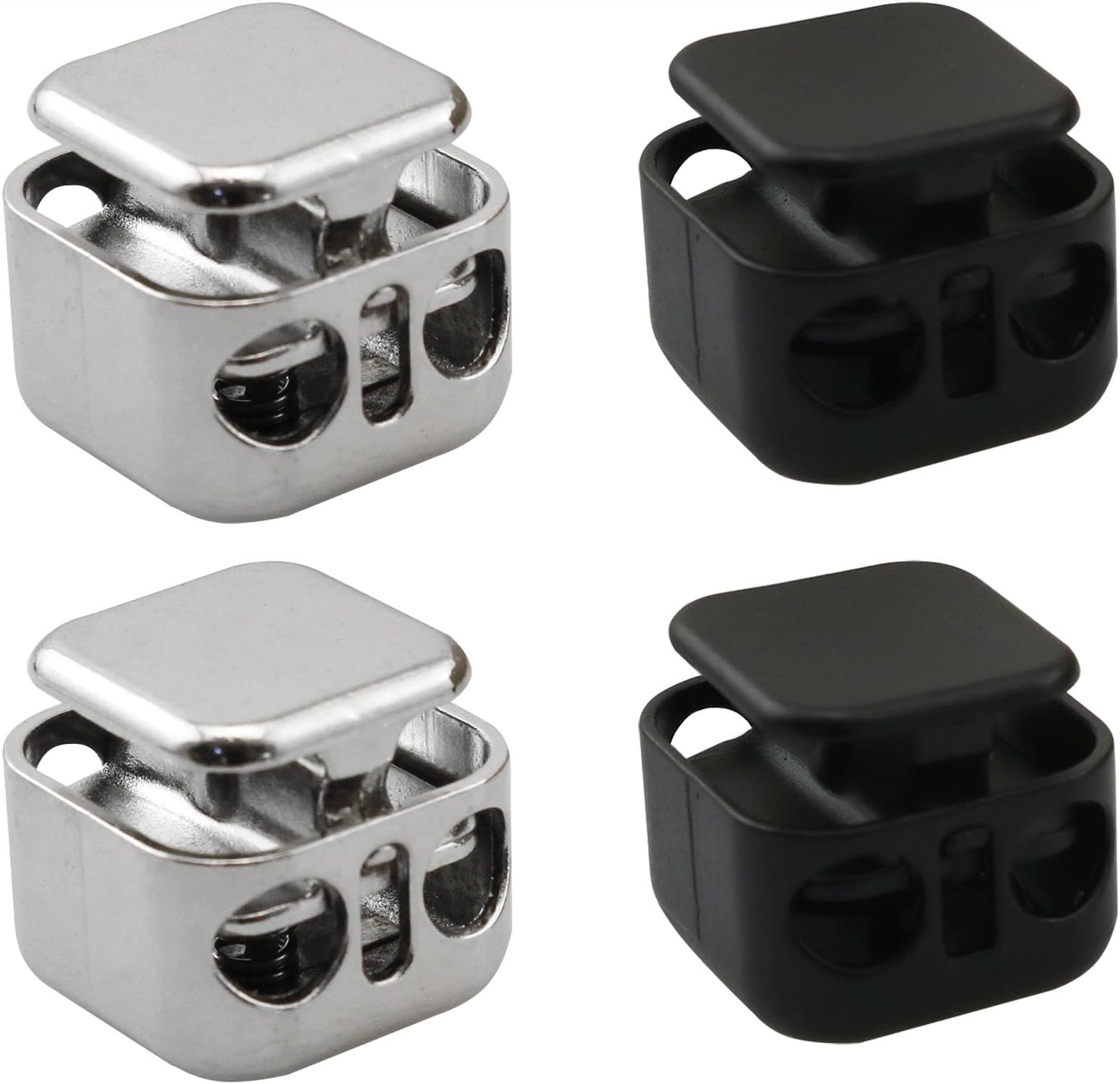 CHENJIN 20PCS 15x14mm Square Double Hole Spring Cord Stoppers Ten Black and Ten Silver Down Jacket Hem Drawstring Stoppers Metal Pig Nose Buckles For Shoelaces Hoodies Paracord