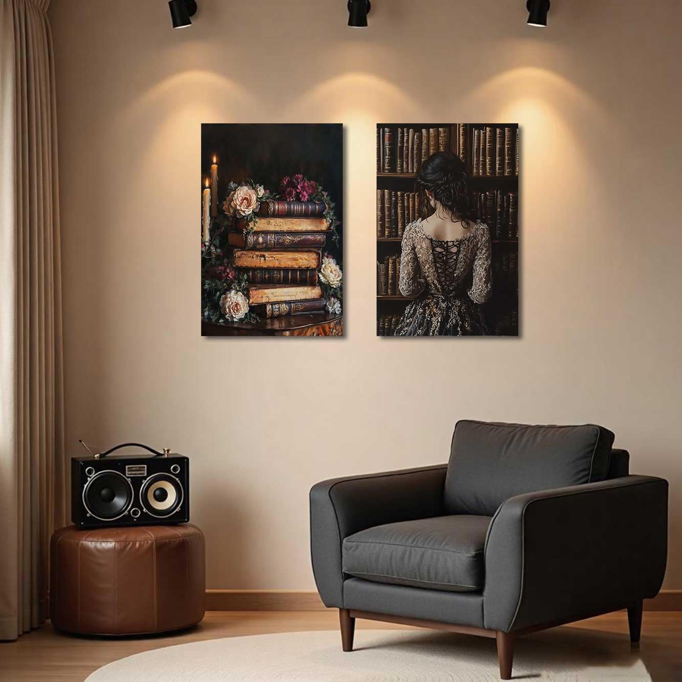 BJYCHG 2Pcs Vintage Women Reading Wall Art Moody Flower Books Canvas Prints Victorian Woman Pictures Dark Academia Aesthetic Paintings Bedroom Office Decor Framed (Black, (11x14inx2 Pieces))