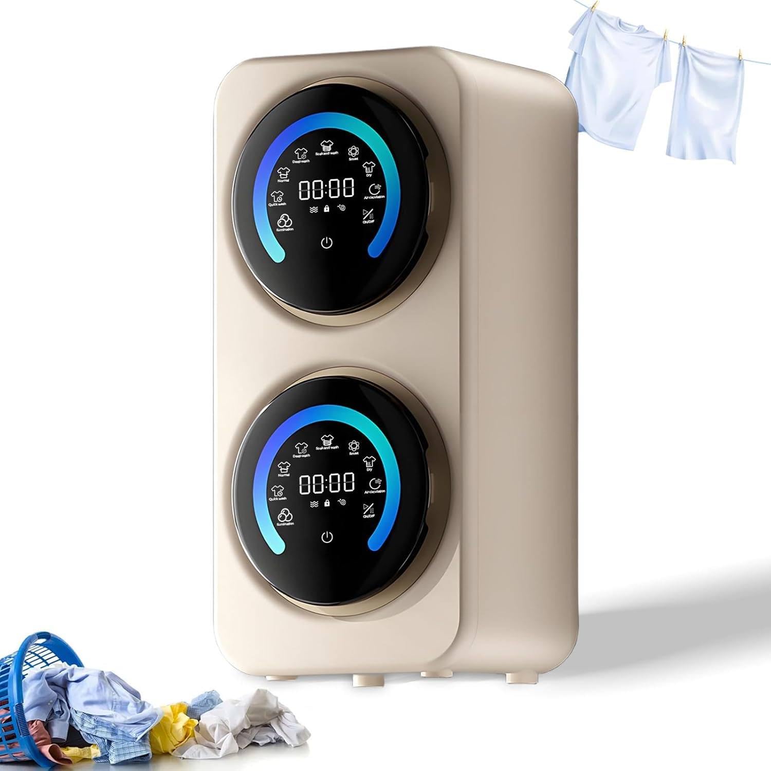 Professionelle Mini-Waschtrockner-Kombination mit Zwei Trommeln: 2 x 3,5 Zoll große, robuste Edelstahltrommeln, 5 programmierbare Waschprogramme, Hochtemperaturtrocknung Desktop-White