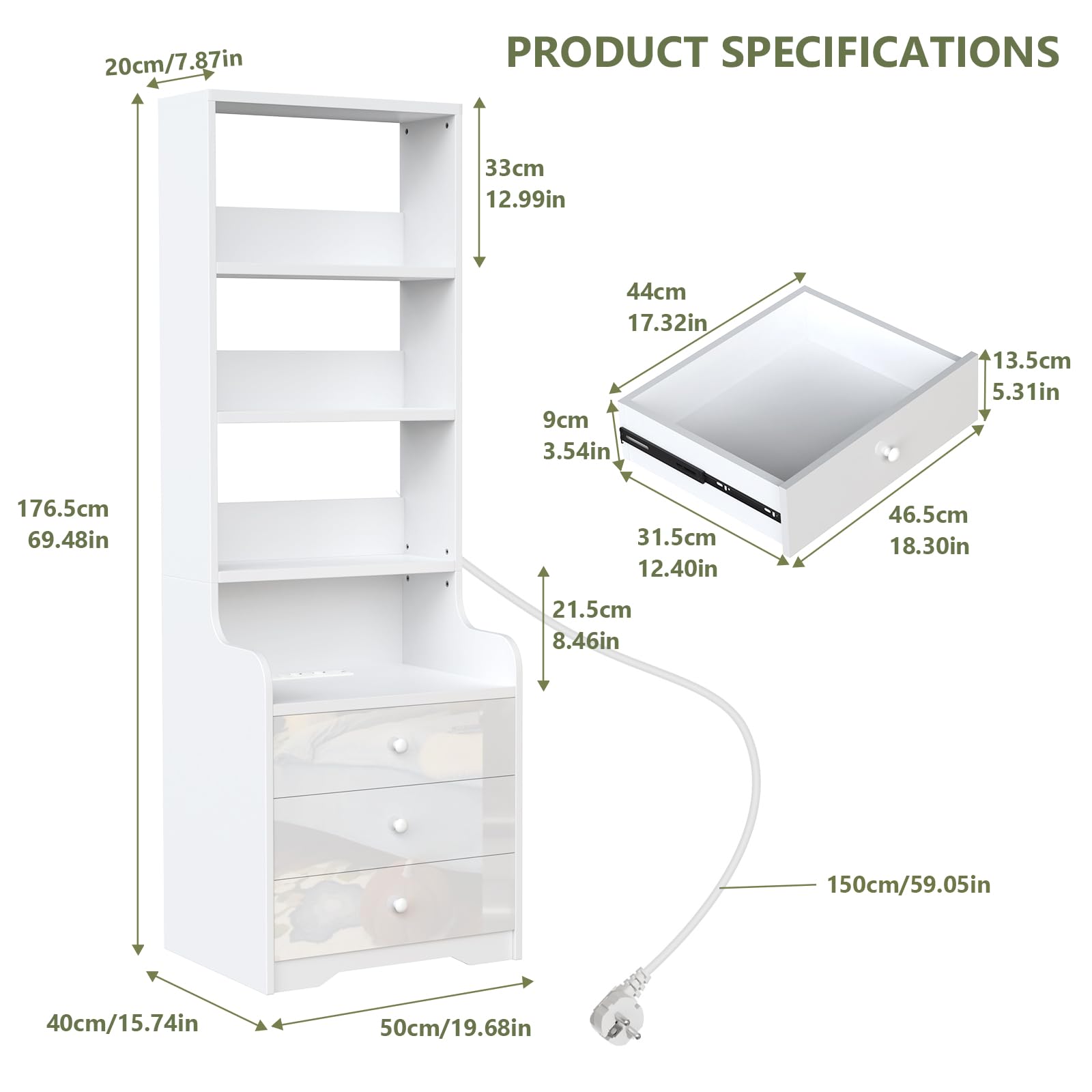 PIPIPOXER Nachttisch Weiß 2er Set mit Steckdose & USB, Hochglanz mit 3 Schubladen, Modernes Möbelstück für Wohn- und Schlafzimmer, 40x50x176 cm