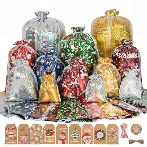 Image of PABBEU Drawstring Christmas Gift Bags, 52× Large Holiday Gift Bags with 60× Kraft Paper Tags and 2× 390in Ribbon Ties, 6× Different Sizes for 10× Designs total 52 Pack Christmas Bags for Presents.