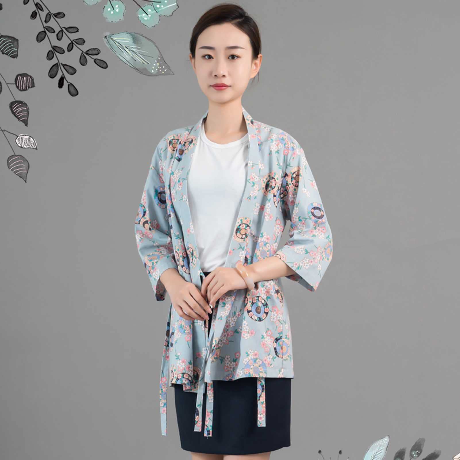 Chaqueta Hostelería Unisex De Manga 3/4, Uniformes Chef Mujer Kimono Chaqueta de Cocina con Impresión