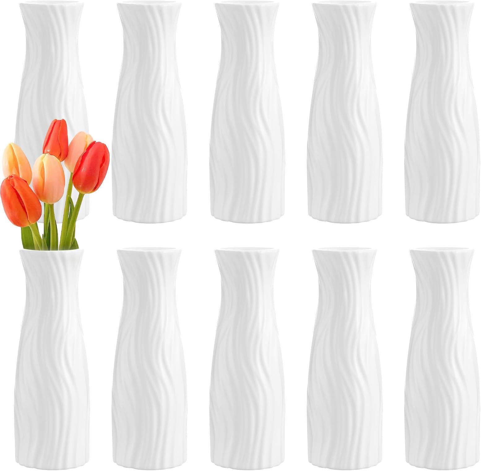 10 Pack White Composite Plastic Flower Vases, 7.9" Tall Unbreakable Bud Vases for Centerpieces - Home, Wedding, Office Table Decor