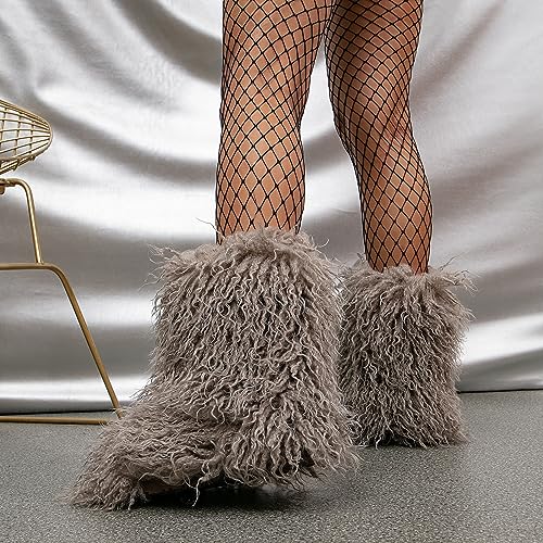 HINDOLA Womens Faux Fur Boots Plush Warm Snow Boots Fuzzy Fluffy Furry Round Toe Suede Boots Comfortable Winter Ankle Booties Anti Slip Outdoor Indoor Flat Shoes3