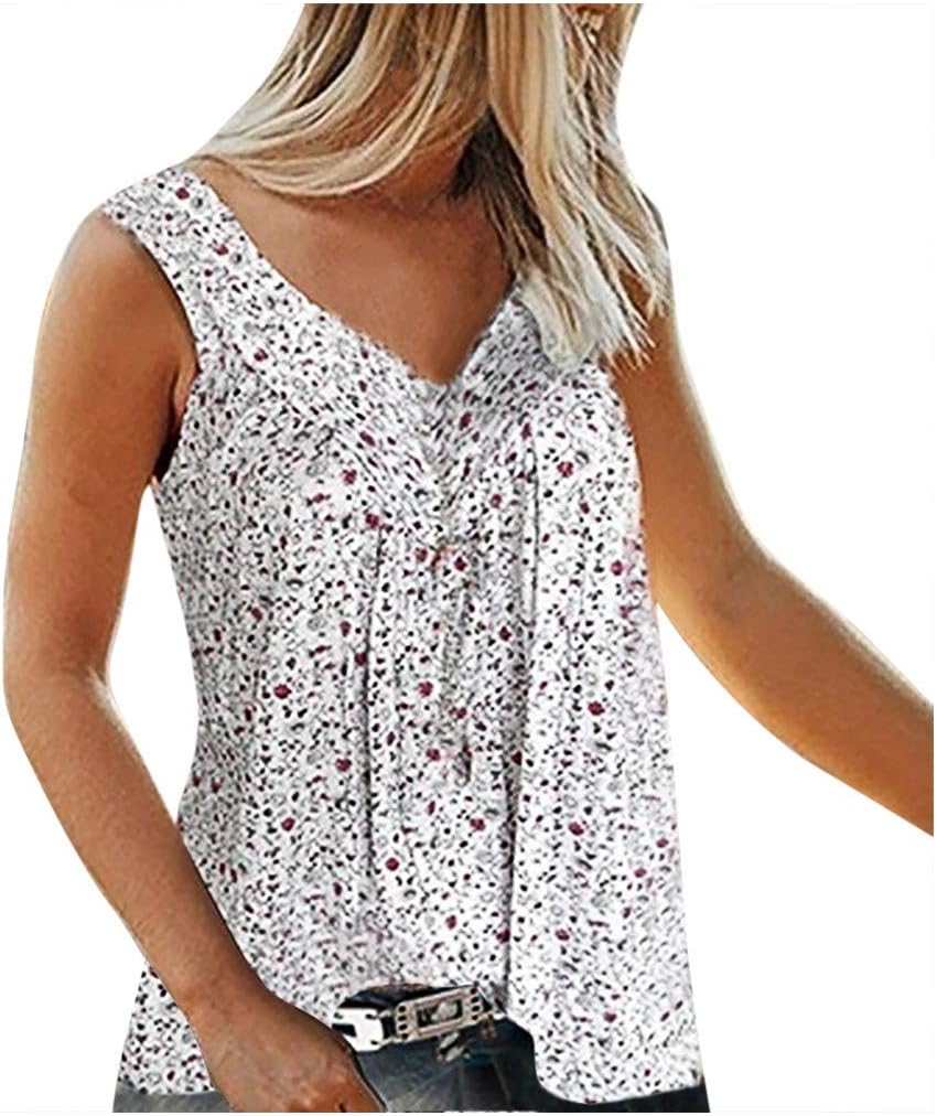 QueenMM Women's V Neck Lace Cami Tank Tops Casual Loose Sleeveless Blouse Shirts (S-7XL)