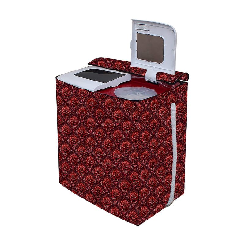 Image of PVC Semi Automatic Washing Machine Cover Suitable For Samsung, Lg, Whirlpool 9kg, 9.5kg, 10kg, 10.5kg, 11kg & 11.5kg | Waterproof & Dustproof Cover, Red Flower.