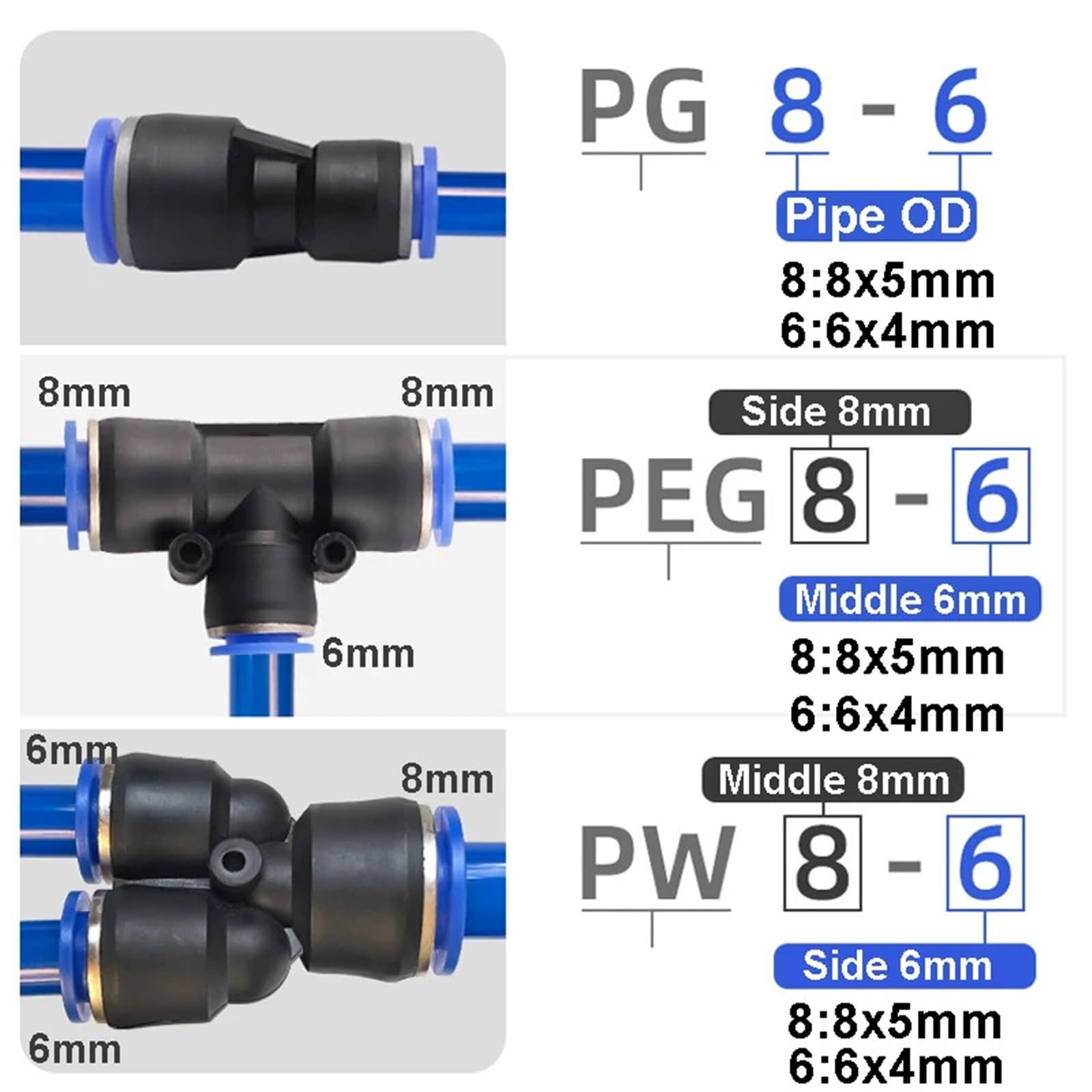 Conectores de aire PE PG PY PW de 4, 6, 8, 10 y 12 mm, conexión rápida en T, 3 vías, plástico, manguera de agua, 10 unidades(8-6,PEG-10PCS)