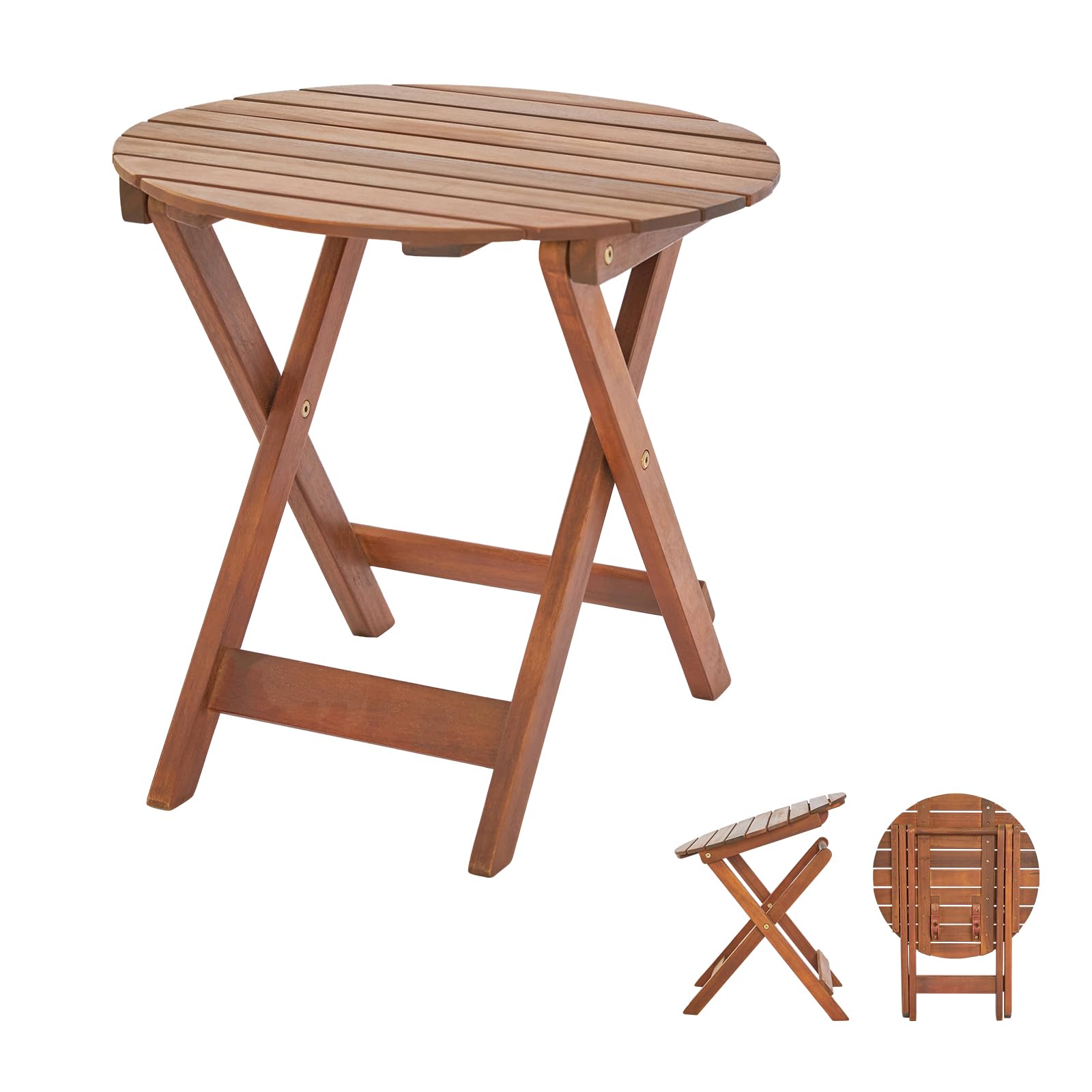 Outvita Outdoor Side Table, Small Patio Table, Acacia Wooden Table, Side Table, Coffee End Table, Round Folding Side Table for Patio Backyard Balcony Pool Porch, Weather Resistant, Natural