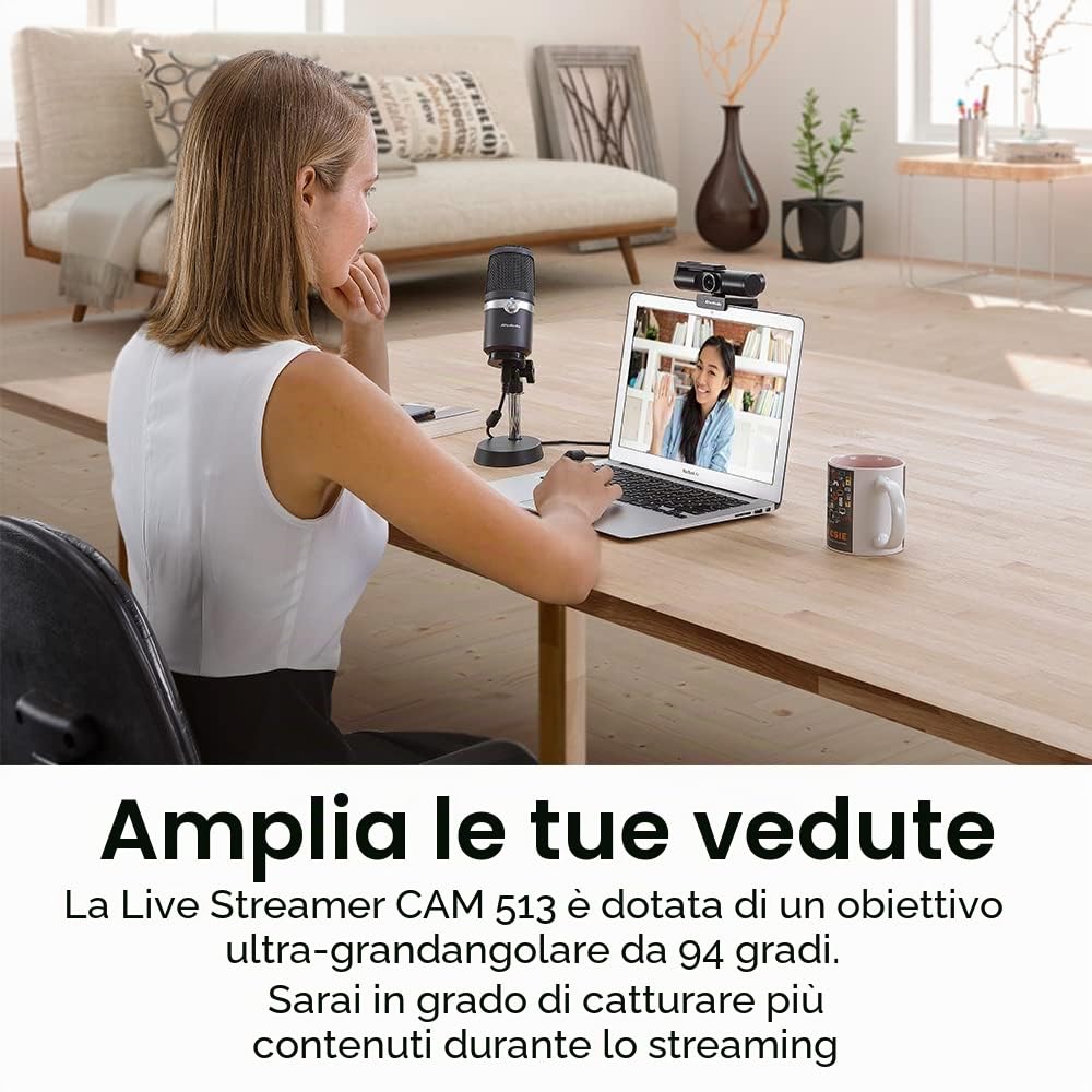 AVerMedia Live Streamer CAM 513, Webcam Ultra Wide Angle 4K con Cover, Microphone, Plug & Play, Gaming, Stream, Video Call, Works with Skype, Zoom, OBS, XSplit, PC/Laptop PW513, Nero
