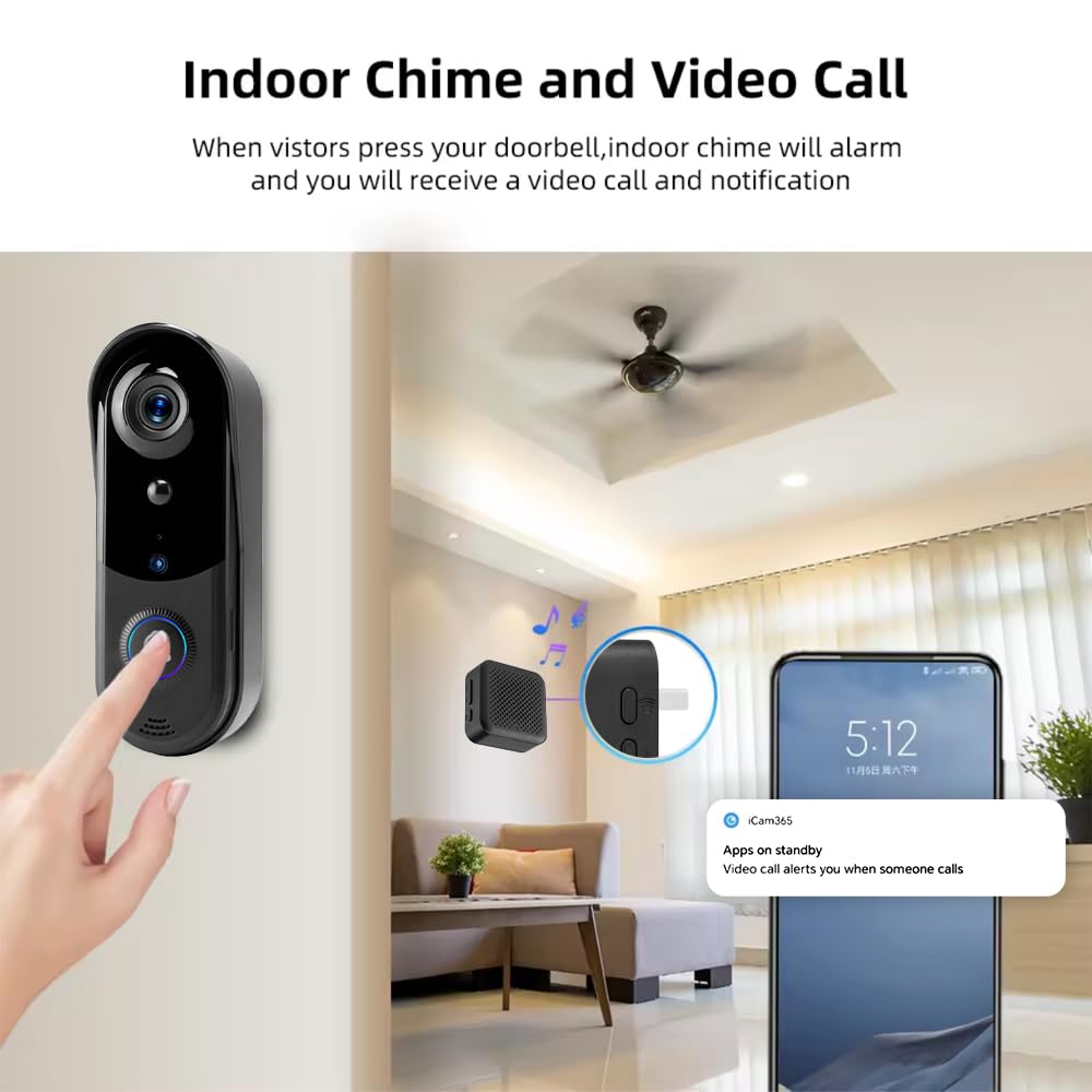TKSTAR Smart HD 1080p kamera do drzwi wejściowych 2,4 GHz, bezprzewodowa, za pomocą aplikacji, Wi-Fi, 2-drożna komunikacja, wykrywanie ruchu, monitoring, karta pamięci, widoczność w nocy