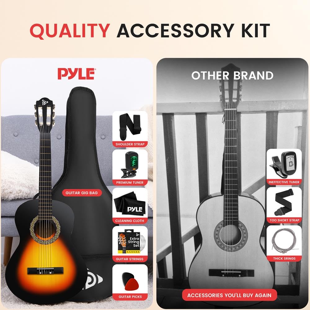Pyle Guitarra acústica de tamaño medio junior – Set de guitarra de concierto para principiantes niños a partir de 6 años, forma de gota de sol, mate, incluye funda de correa, púas, cuerdas, paño de