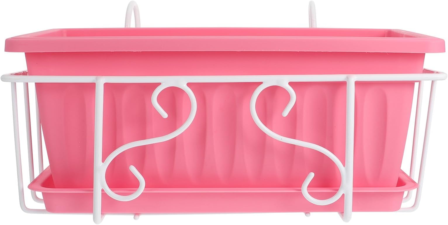 Rectangular Hanging Flower Pot Set with Tray and White Iron Rack, Small Pink Plastic Planter for Balcony Railing, Garden Planting Box for Outdoor Patio and Indoor Use