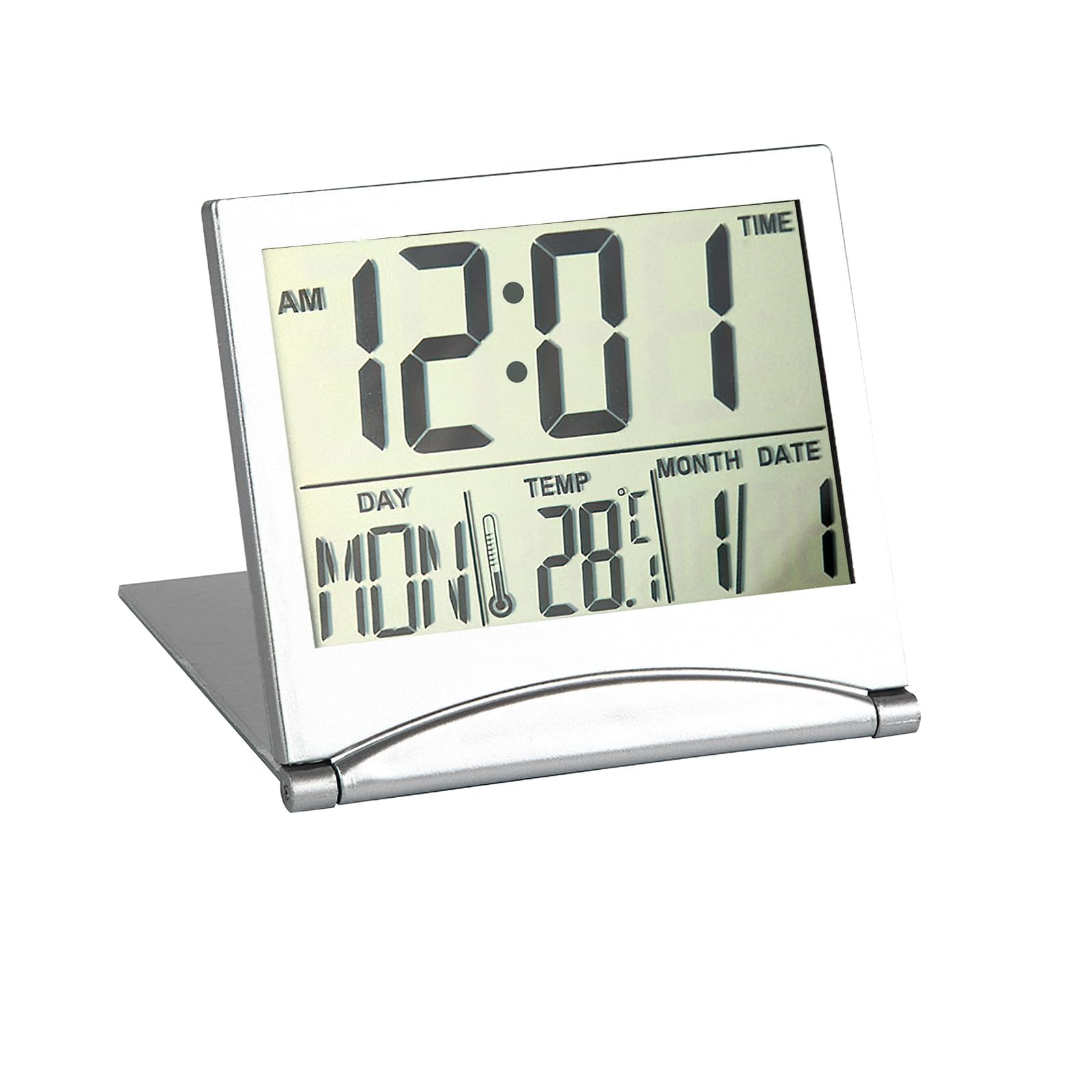 BakeWhiz Digital Travel Alarm Clocks with LCD Display Gifts Foldable Desk Top Clock with Day Date Temperature Battery Powered Mini Portable Small Bedside for Lover Teachers Travel Home Office Silver