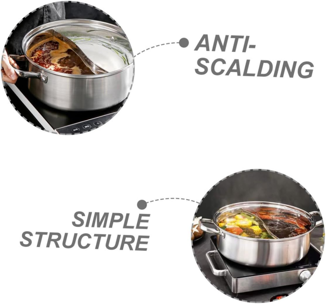 GLEAVI Household Stainless Steel Double Handle Hot Pot Thickened Divided Cooking Pot for Stovetop for Family Meals