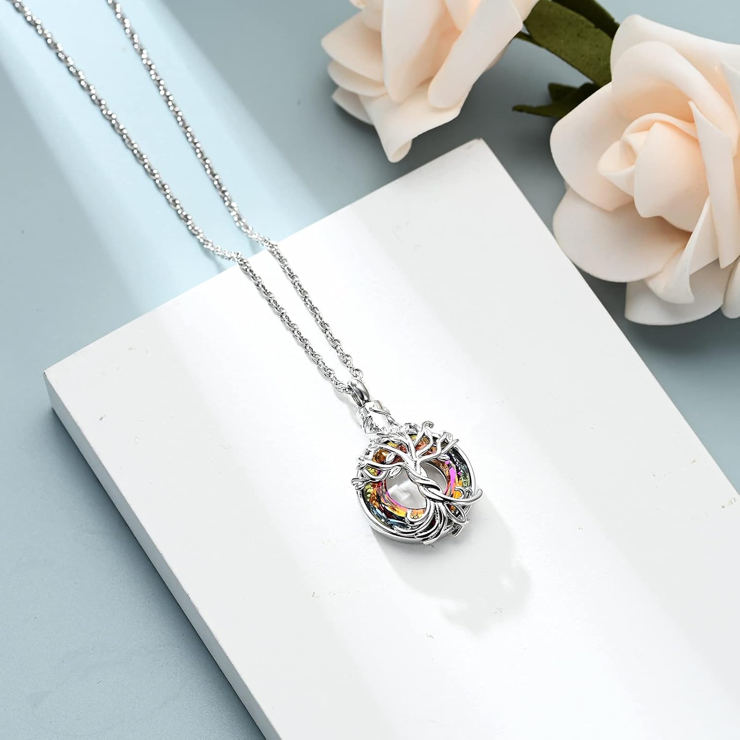 shajwo Tree of Life Cremation Urn Ashes Necklace for Women Men Circle of Life Cremation Crystals Ash Pendant Loved One Memorial Jewelry - Image 3