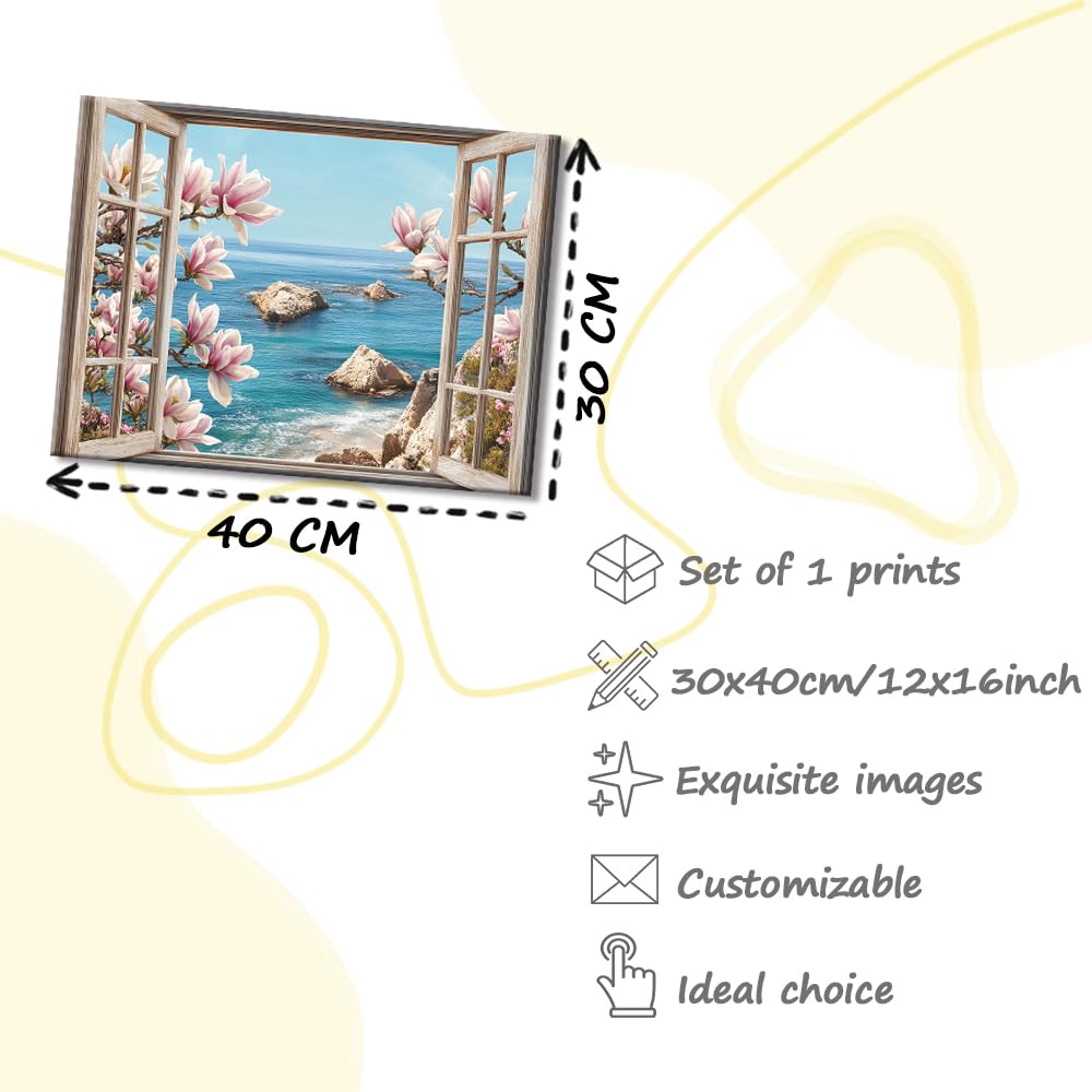 PIY PAINTING Wasserfront Szene Spiaggia Quadri Moderni Soggiorno Stampe Da Parete Mare e Finestra Disegno Su Tela Fiore Immagine Pittura Dipinto Quadro Con Cornice Decorazione Camera Da Letto 30x40 cm