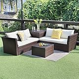 Wisteria Lane Outdoor Patio Furniture Set, 4 Piece Sectional Sofa Couch Conversation Set Loveseat with Storage Table All-Weather Brown Wicker,Beige Cushions