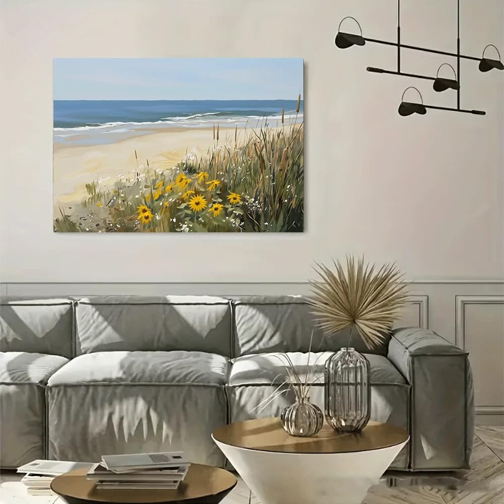 LTjiajuypd Canvas Poster Beach Scene Print Ocean Waves Sandy Shore Yellow Flowers Coastal Landscape Wall Decor(70x110cm/Frameless)