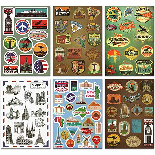 makstore 94pcs(6 Sheets) World Flag Travel Luggage Tourist Retro Vintage Stickers for Backpack Laptop Skateboard Case Motorcycle Car Waterproof A4