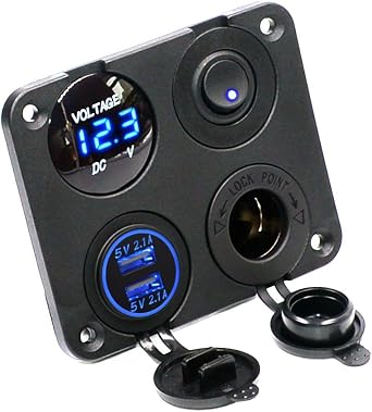 Dual USB Socket Charger 2.1A&2.1A + LED Voltmeter + 12V Power Outlet + ON-Off Toggle Switch Four Functions Panel for Car Boat Marine RV Truck Camper Vehicles GPS Mobiles Blue