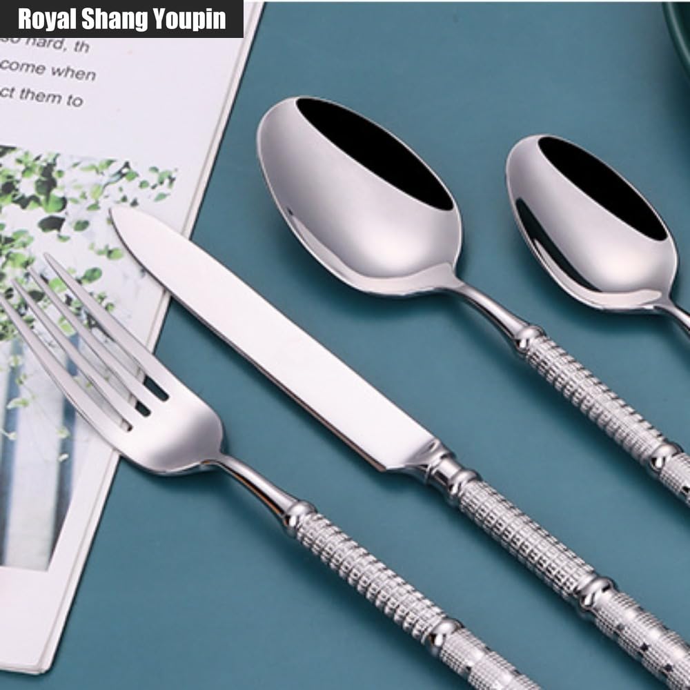 Luce Di Lusso Solido Rilievo Manico Rotondo Cucina Acciaio Inossidabile Posate Stoviglie Posate Set Coltello Da Bistecca Forchetta Cucchiaio Cucchiaino (Oro,5 pezzi)