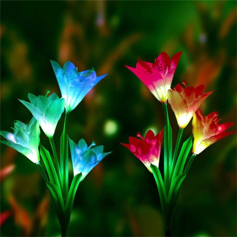 Outdoor Solar Garden Stake Lights,2 Pack Solar Powered Lights with 8 Lily Flower,Multi-Color Changing LED Solar Flower Lights for Decorating Garden, Patio, Backyard (White and Purple)