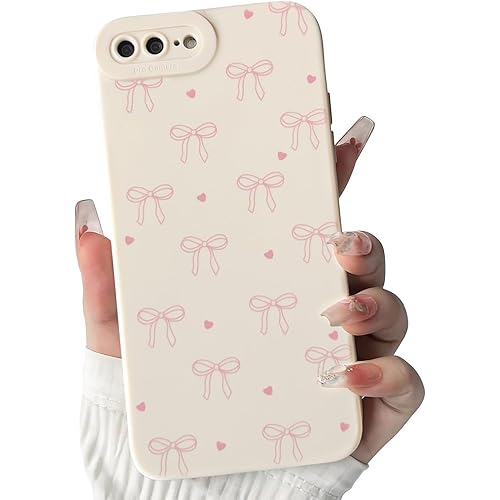 NITITOP Compatible with iPhone 7 Plus / 8 Plus Case Cute Aesthetic Bow Ribbon Love Heart Pattern Design for Women Girls Soft TPU Bowknot White Back Shockproof Protective Cover - Pink