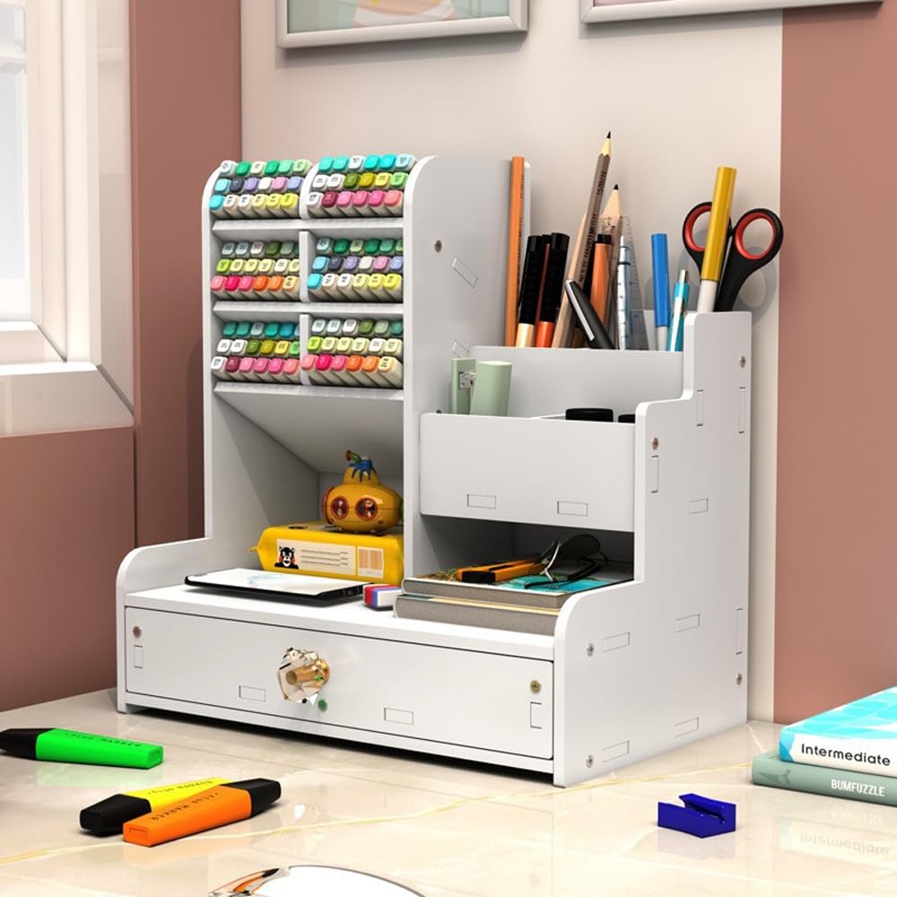 Schreibtisch-Organizer mit Schublade – weißer Stifthalter & Kunstbedarfs-Caddy, Schreibtisch-Organizer für Büro, Schule, Bastelaufbewahrung, DIY-Organizer für Zubehör