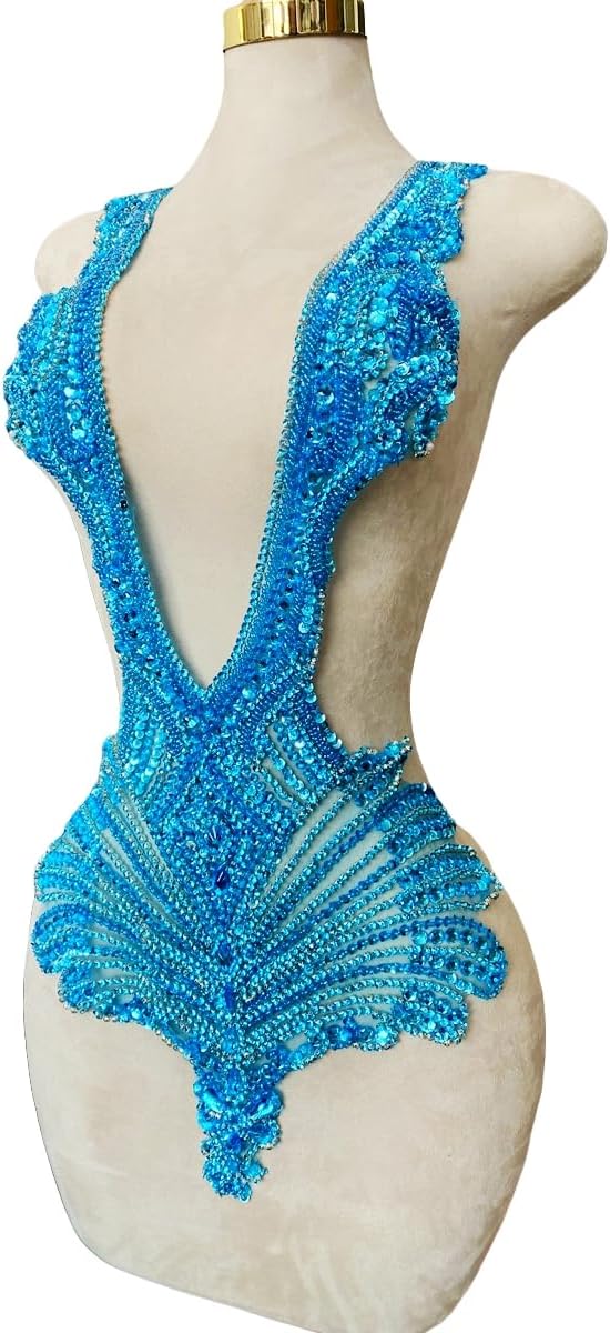 Large Bodice Applique Sequin Rhinestones Fine Appliques Handsewing Crystals and Beads for Dress Clothes 16X31inches (Sky Blue)