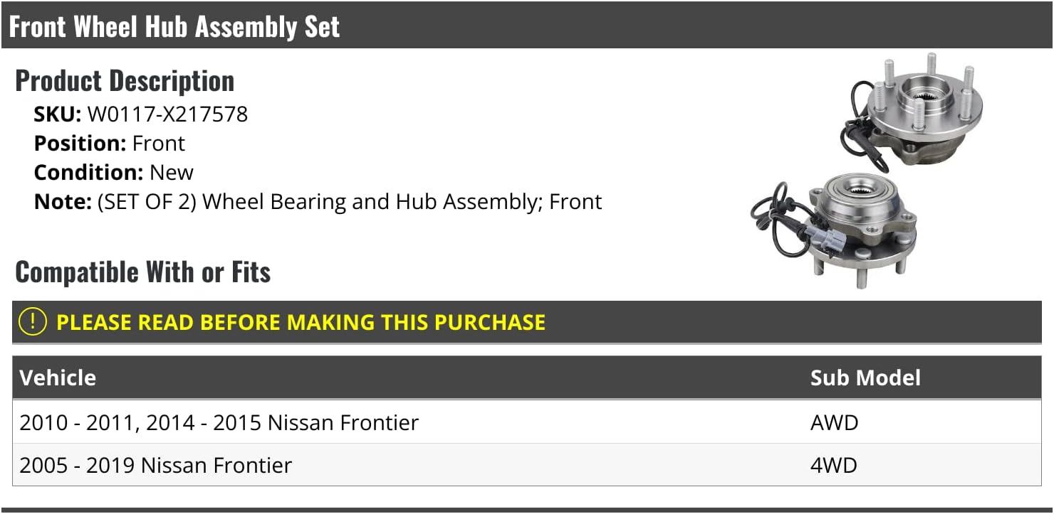 Front Wheel Bearing Hub Assembly Set of 2 - Compatible with 2005-2019 Nissan Frontier 4WD