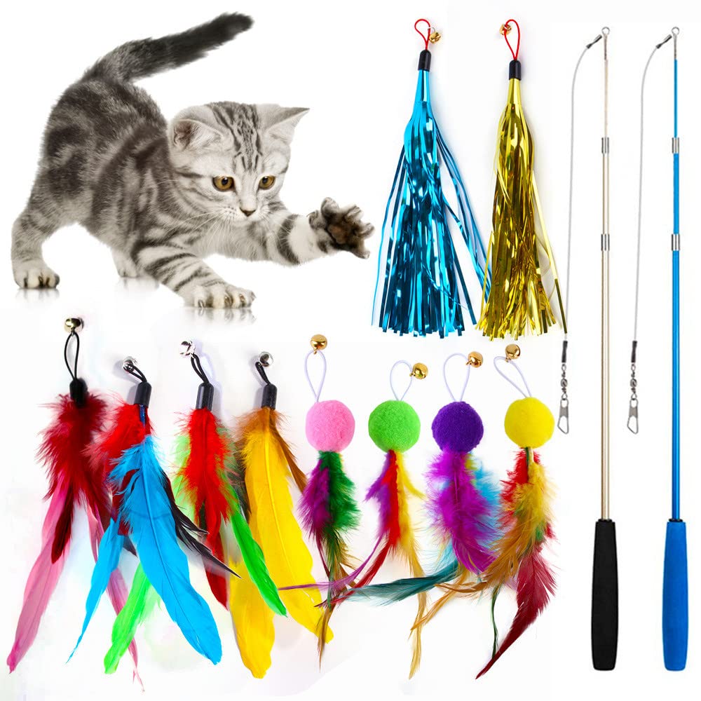 Voarge 12 PCS Juguete Pluma de Gato Interactivo, Juguetes de Gatos con Colores Vivos(Juego de 2 caña de Pescar de Tres Secciones + 10 Cabezal de Repuesto con Campana)