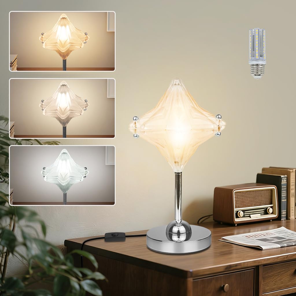 YLTLINK Silver Lamp,Cute Table Lamp Star Shaped,Chrome Base,Glass Desk Light Includes E27 Bulb,12W,3-Color Temperature,for Bedroom,Study,Office,Kids Reading Light