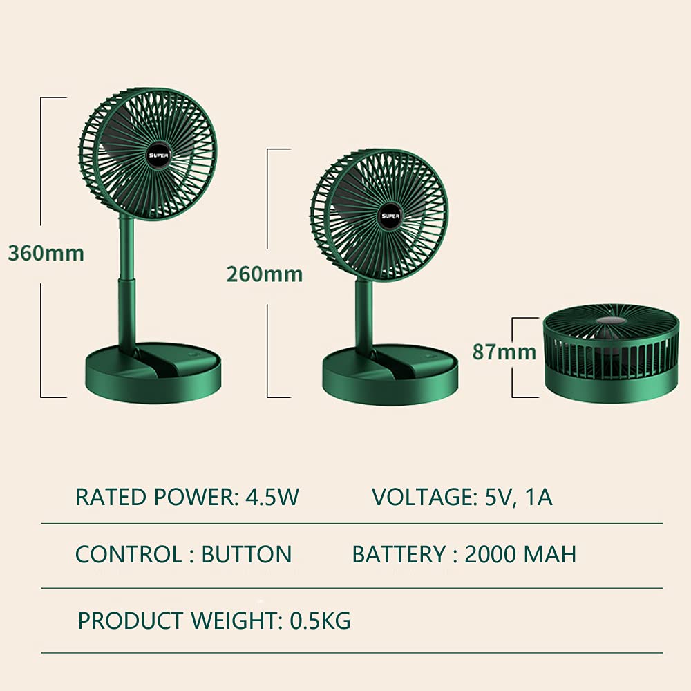 LIHUACHEN Portable Folding Fan, Rechargeable Standing Pedestal USB Fan, 3 Speeds, 2000mAh Battery Operated for Home, Camping, Office, 6.5-Inch