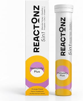5 in 1 Immunity Plus Immune Support & Antioxidant Supplement Vitamin C, Zinc, Manuka Honey, Rosehip & Propolis Natural Zesty Orange Flavor 20 Day Supply Effervescent Tablets