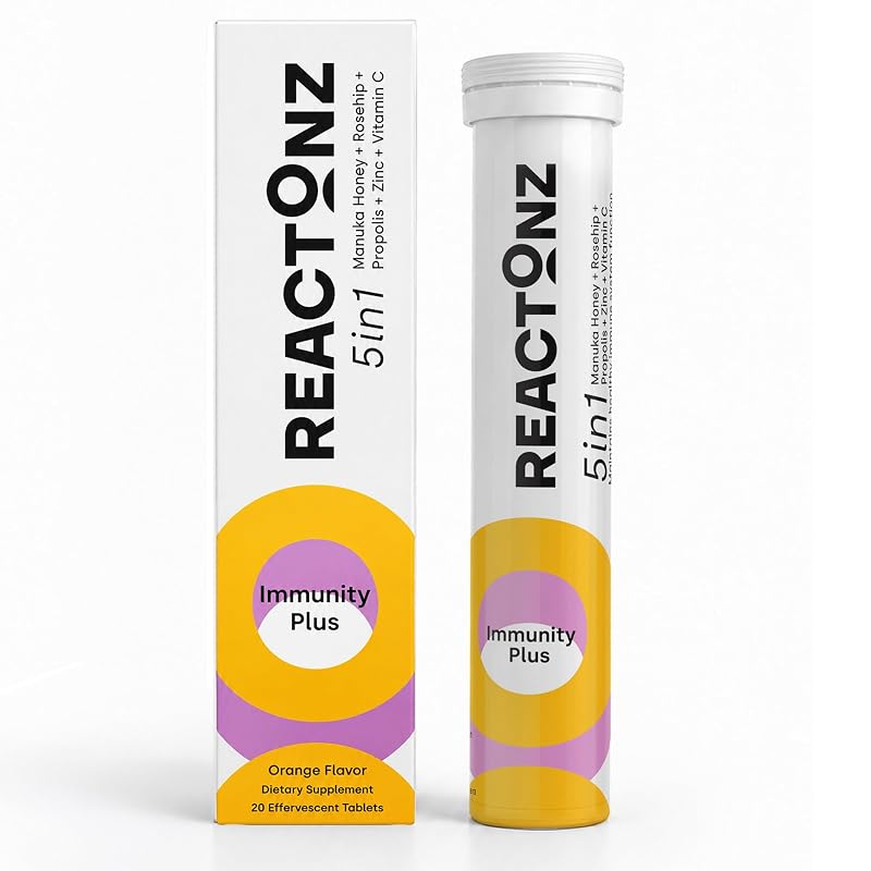 REACTONZ Vitamina C com Zinco, Mel de Manuka, Própolis e Rosa-mosqueta, 20 comprimidos efervescentes