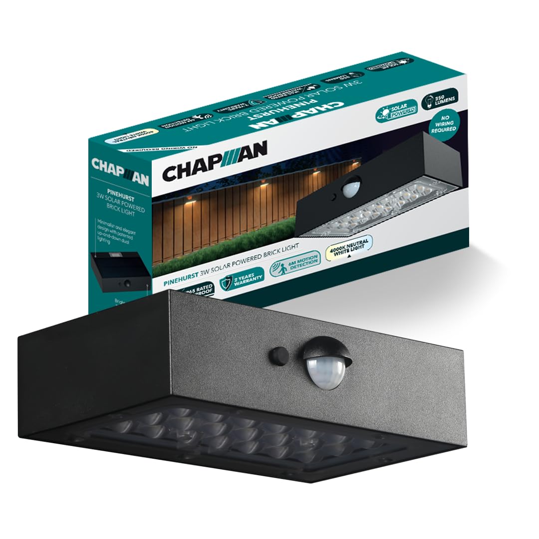 Chapman Pinehurst 3W PIR LED Solar Brick Lights Outdoor, IP65 Waterproof Wall Lights with Motion Sensor, 4000K Cool White Solar Lights for Garden, Paths, Steps, Driveways & Outdoor Security Lighting