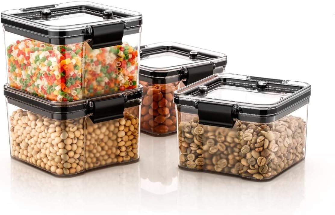 VNS Store And Lock Air Tight Square Shape Kitchen Storage Container,Leak Proof Locking Lid,Fridge Cereal Dispenser,Food Storage Container (4) (Plastic, Pack Of 1), Black