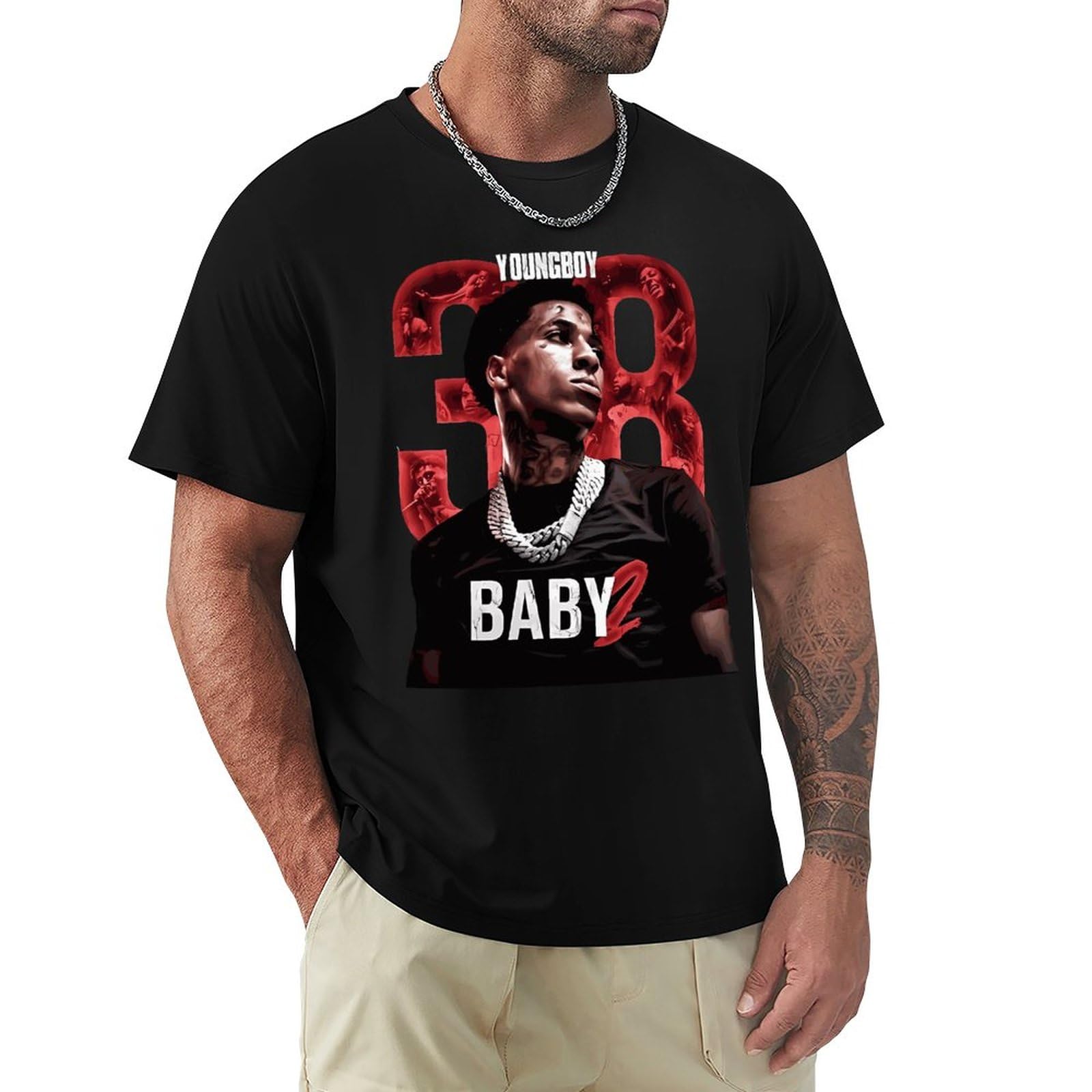 Youngboy Never Broke Again Official Men's Black 2 T-Shirt Cotton Shirts Short Sleeve Tee For Black, Large