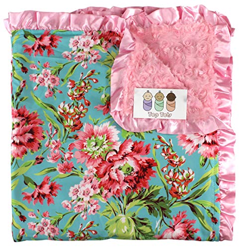 Image of Baby Blanket - Pink Flowers on Turquoise with Minky Rose Swirl and Satin Ruffle