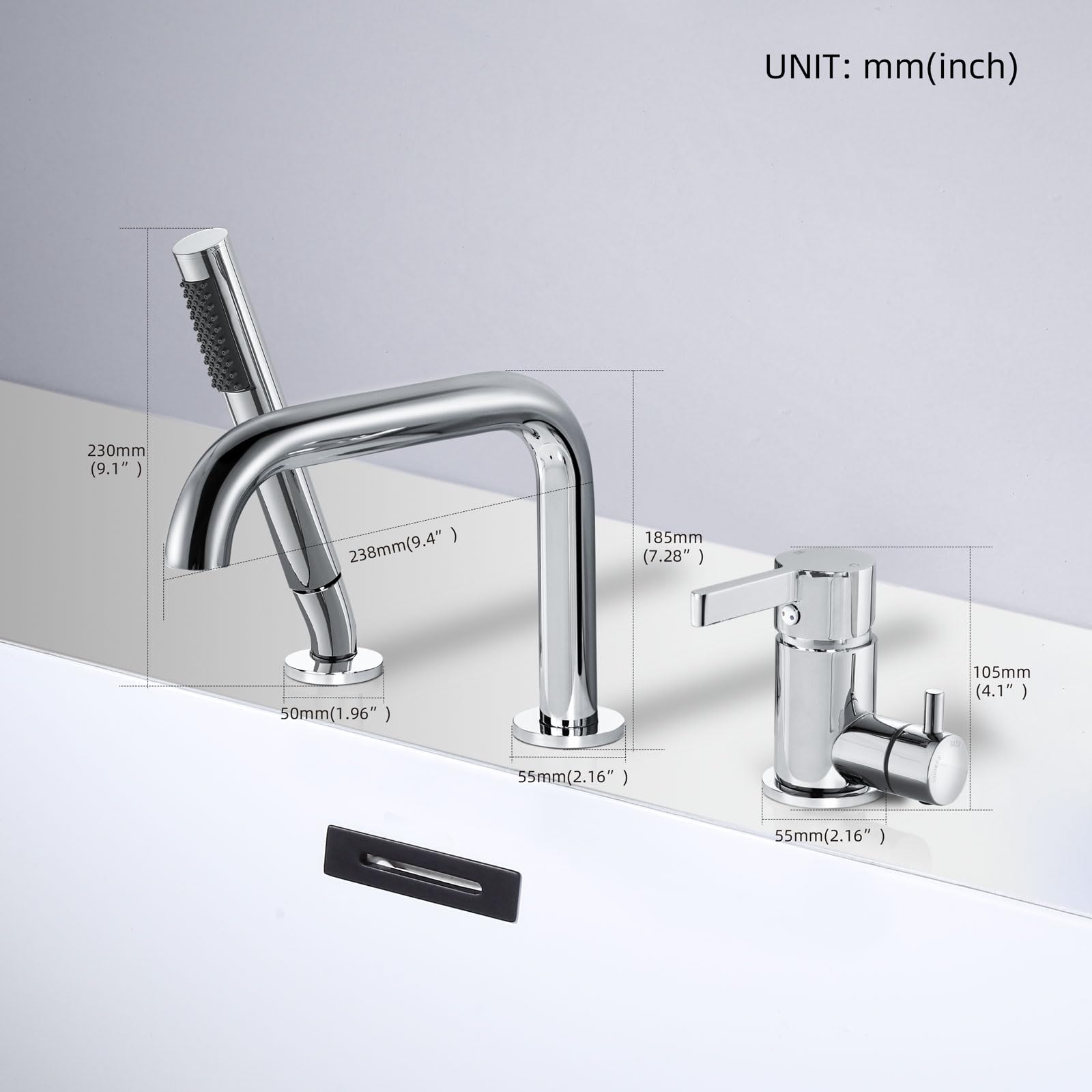 Rubinetto per Vasca 3 Fori, Rubinetto per Bordo Vasca con Girevole a 360°, Miscelatore per Vasca da Bagno con Doccetta, Cromo, 11Y1OK