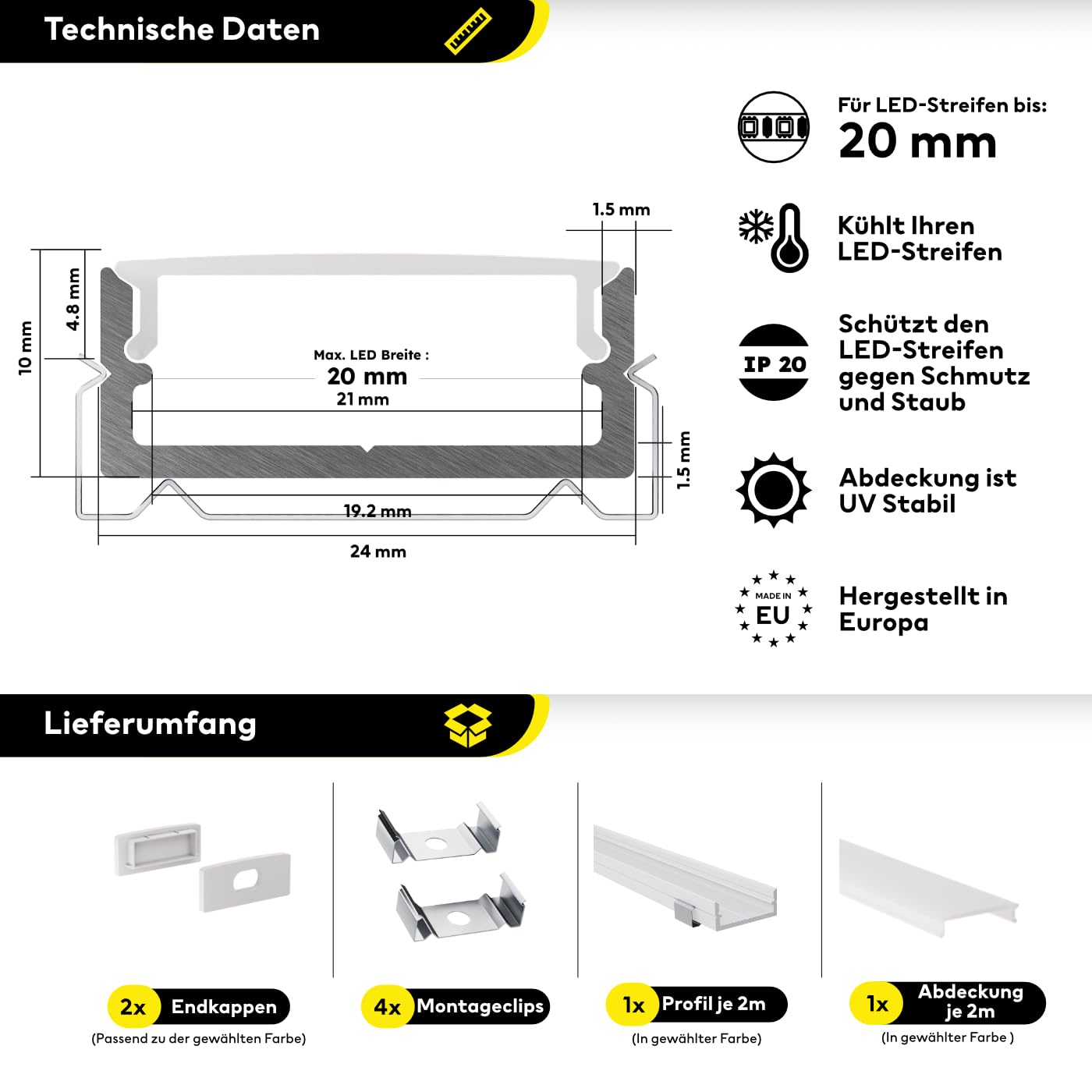 Weißes LED Aluminiumprofil - Aufputzprofil 200 cm | Opale Abdeckung + Zubehör | für bis zu 20 mm LED-Streifen | kompatibel mit Philips Hue | 2m | Bille