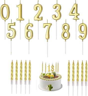 Gold Number Candles Set, Number 0-9 Cake Toppers,20 Gold Spiral Candles for Cake Toppers, Happy Birthday & Wedding Decorations