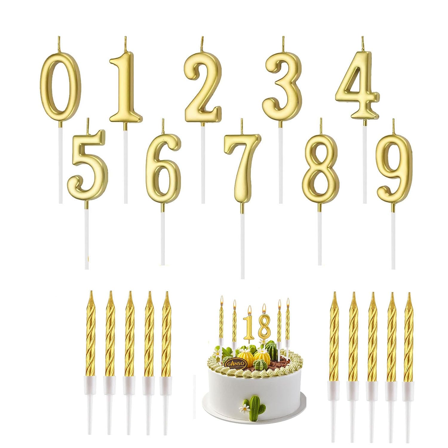 Maonativey Gold Number Candles Set, Number 0-9 Cake Toppers,20 Spiral Candles For Cake Toppers, Happy Birthday & Wedding Decorations