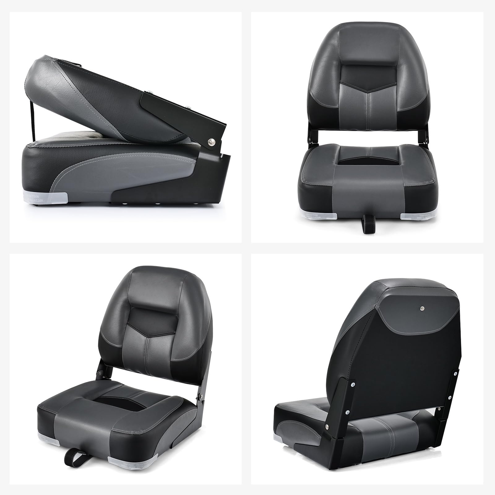 GYMAX Juego de 2 Asientos para Barco con Respaldo Alto, Sillas de Barco Plegables y Acolchadas, 42 x 50 x 52 cm, Asiento para Pescadores Plegable para Barcos (Negro)