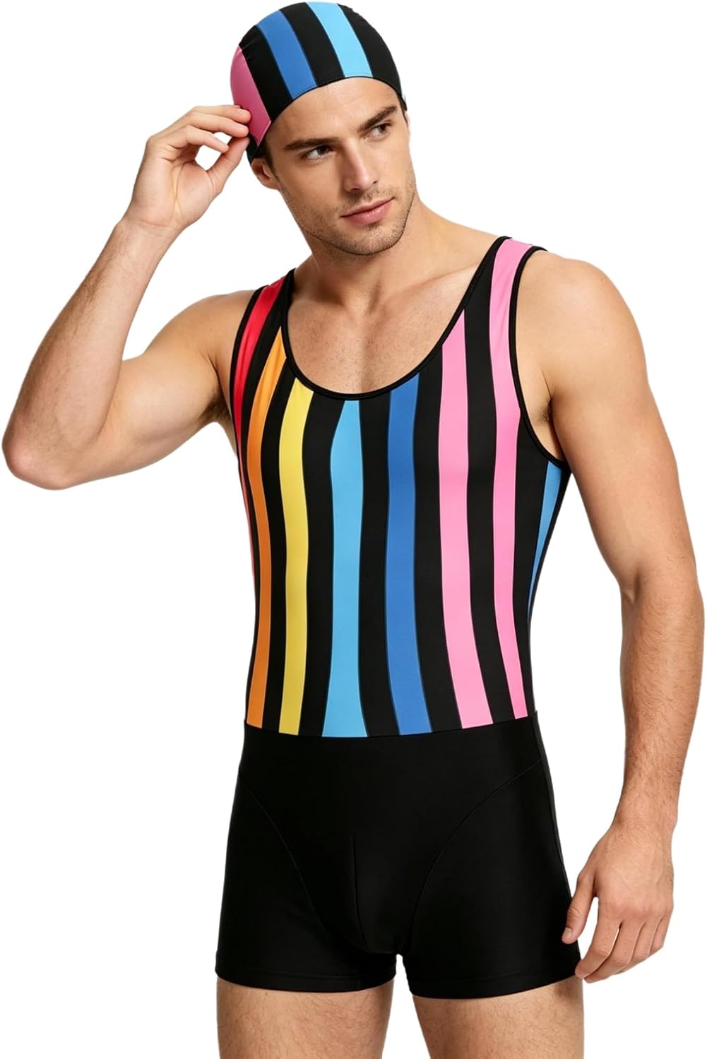 ranrann Men Slim Fitness Mankini Jumpsuit Powerlifting Uniform with Swim Cap Silky Tights Tracksuits